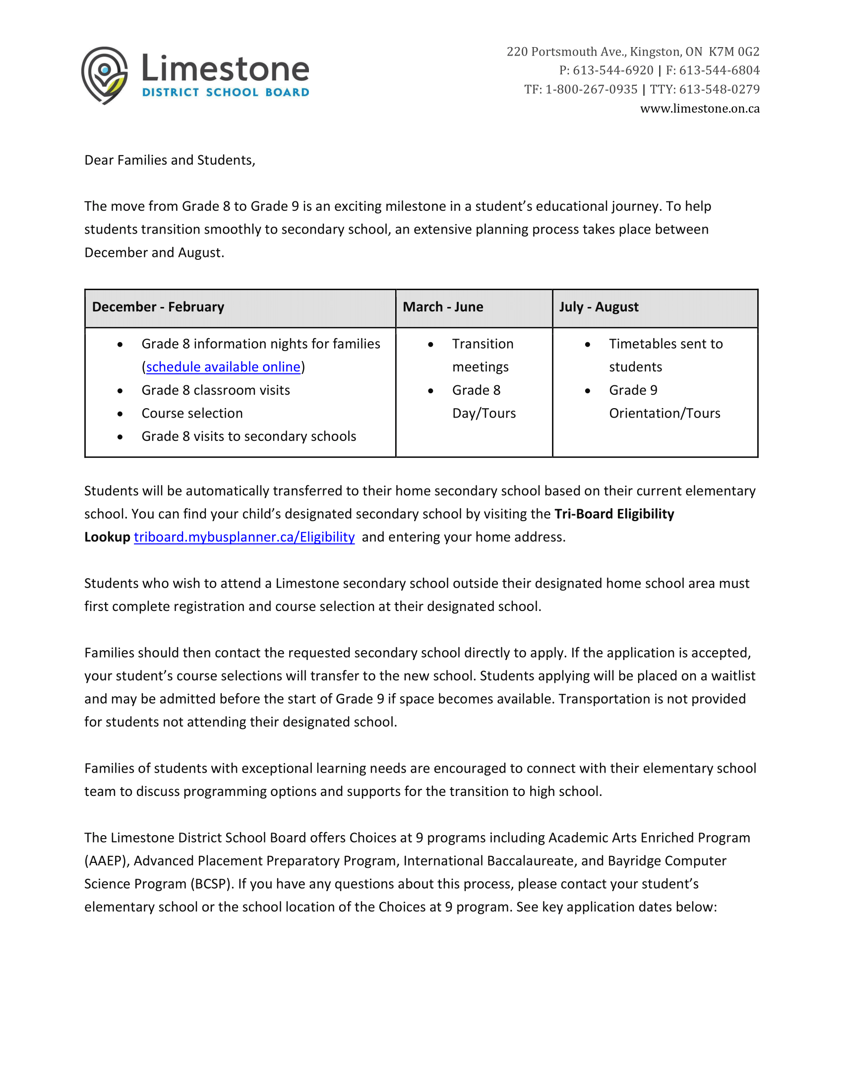 2026 2027 Grade 8 to 9 Transition Letter 1