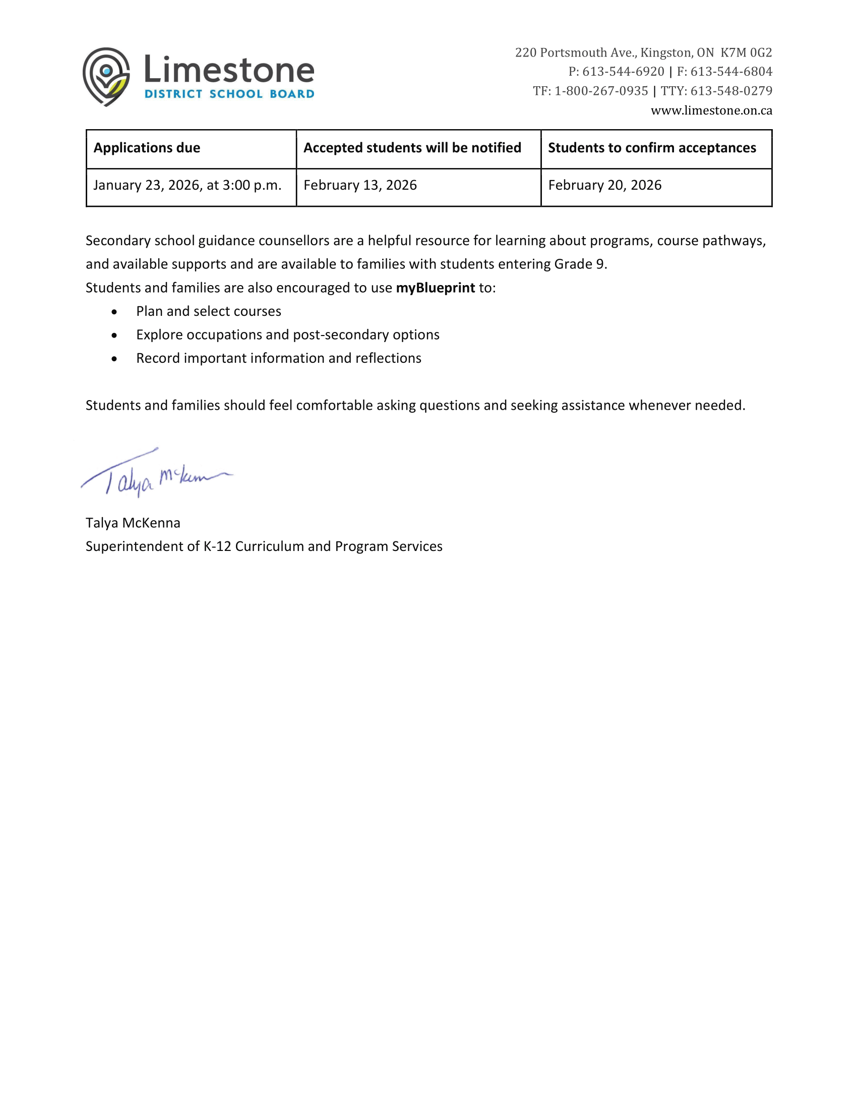 2026 2027 Grade 8 to 9 Transition Letter 2